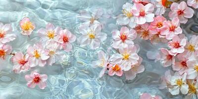 Light blue water background with a variety of spring sakura flowers some engulfed in the water. photo