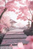 outdoor scene featuring vibrant sakura trees in full bloom, their delicate pink petals fluttering in the gentle spring breeze. photo