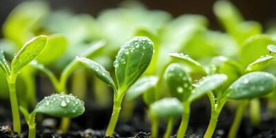 Green plant sprouts of seedlings in paper cups with dew drops. Natural light. Close up. photo