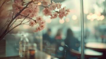 A delicate sakura blossoms in full bloom on a street. The background is softly blurred in pastel hues, creating a minimalist, dreamlike atmosphere. photo