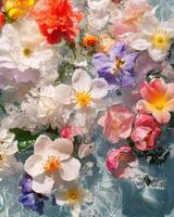 Liquid water background with colorful spring flowers, some of which are submerged. photo