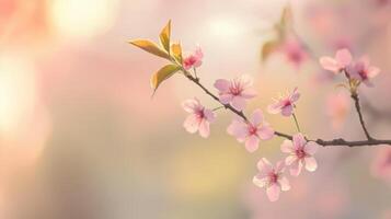 A delicate sakura branch with tender pink blossom in a serene spring atmosphere. A tranquil mood of renewal. photo