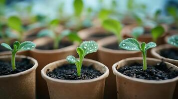 Green fresh sprouts of seedlings in paper cups with dew drops. Close up. Daylight. photo