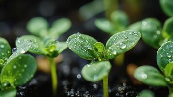 Green plant sprouts of seedlings in paper cups with dew drops. Close up. photo