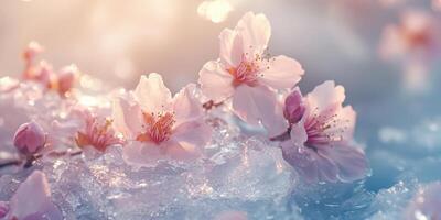 Tender pink sakura flowers on a ice. Beams of light pierce through the translucent ice, casting glows and delicate shadows. photo
