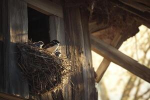 A serene spring scene featuring a swallow perched in its nest, tending to its chicks. photo