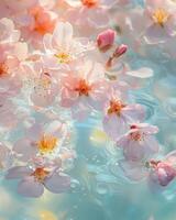Light blue water background with a blossoming spring sakura flowers, some engulfed in the water. photo
