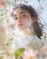 Portrait of a beautiful woman with soft, ethereal features. Serene spring atmosphere with a hint of fantasy. photo