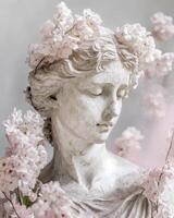 A beautifully carved marble antique statue, weathered with age elegantly adorned with an array of fresh spring flowers along its contours. photo