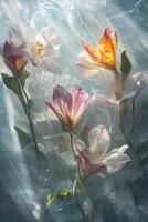 A tender spring flowers encased in translucent ice, with beams of light piercing through, creating a mesmerizing interplay of color and illumination. photo