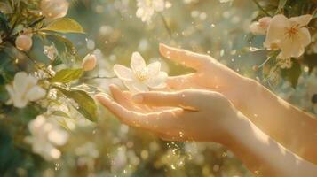 A beautiful female hands with fresh spring blossom, set against a lush, blooming spring garden. The background is filled with vibrant greenery and pastel floral accents. photo