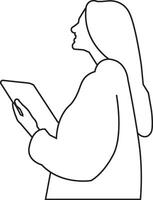 Business woman holding tablet. Continuous line style. Hand drawn. One line vector