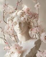 A beautifully marble antique statue, weathered with age, elegantly adorned with an array of fresh spring flowers along its contours. photo