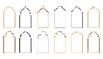 Traditional islamic window shapes in oriental style. Set of colorful thin line Eid Mubarak decorative arches, mosque borders or moroccan gates. Arabic architecture design elements, Ramadan frames. vector