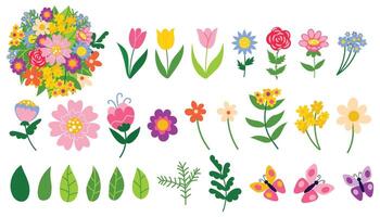 Set of cute hand drawn Spring flowers and butterflies. Many bright and beautiful flowers. Great for a making compositions, banner, frame, website, landing page, flyer, postcard or print. vector