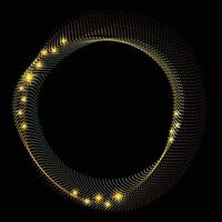 Flowing colorful round frame with dots, particles, wavy halftone gradient shape isolated on black background. Clip art concept of technology, science, music, modern. vector