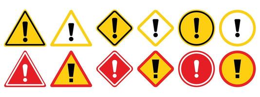 Caution warning signs set. Simple yellow and red stop road signs with exclamation sign. Attention symbol or icon collection. vector