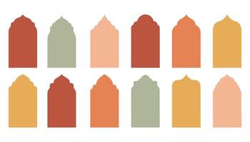 Traditional islamic window shapes in oriental style. Set of colorful silhouette Eid Mubarak decorative arches, mosque borders or moroccan gates. Arabic architecture design elements, Ramadan frames. vector