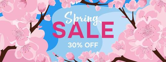 Spring sale. Spring advertising banner with sakura flowers. Spring sales template for design. vector