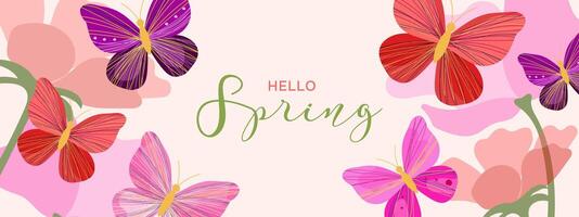 Spring modern banner with butterflies. Hello Spring. vector