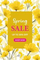 Spring sale banner template with flowers on yellow background. vector