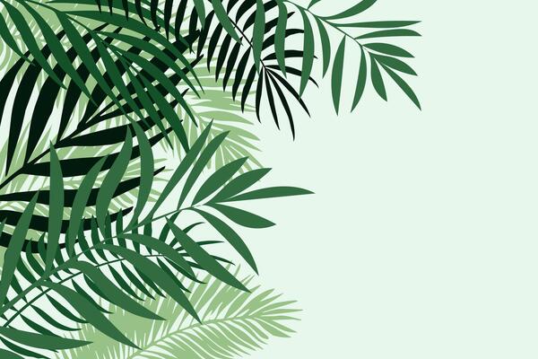 Background with palm leaves in green tones. Summer frame with space for text.