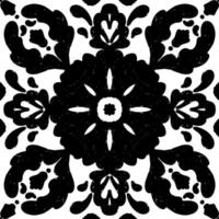 Intricate black pattern with symmetrical ornamental pattern in linocut style. Grunge texture tile shape vector
