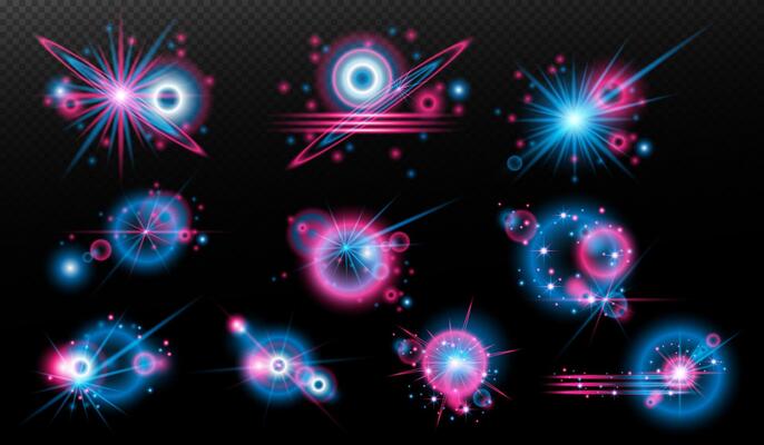 set. of glowing blue and pink. stars and lights on a black background