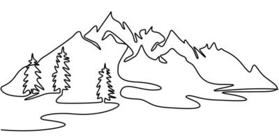 Continuous one line drawing mountain landscape Panorama of high mountains and mountain river nature vector