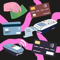 abstract concept of payment methods and options or ways to transfer money. Digital banking and online shopping technology. POS Terminal, credit card and cash vector