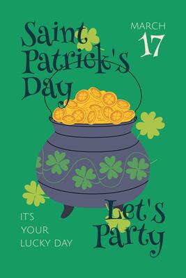 St. Patrick's Day party poster. Patrick Day template with pot of gold coins, clover, lettering, green background. Ideal for party posters, Irish festival invitations, flyer, card. Flat illustration.