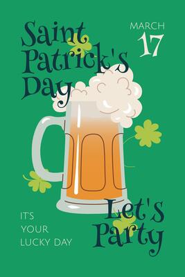 St. Patrick's Day invitation. Green Saint Patrick day template for poster, party invitation, flyer, advertising, card. Irish background with beer mug, luck clover, lettering. Flat illustration.