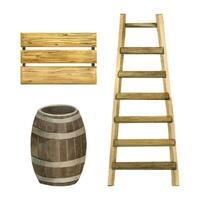 Wooden ladder, stepladder, wooden barrel and storage box for harvest. Harvesting, all objects are hand-painted with watercolor. Suitable for printing on fabric, paper, design vector