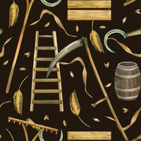 Harvesting, wheat, scythe for mowing, sickle, storage box and barrel, ladder, wheat grains, wheat ears. All objects are hand-drawn with watercolor. Seamless watercolor pattern. For design, creativity vector