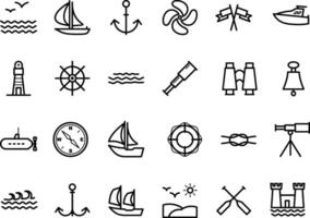 Nautical Icon Set - Nautical Outline Icons with Compass, Sailboat, Binoculars, and Lighthouse vector