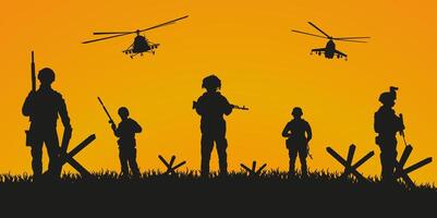 Silhouette of soldiers with weapons at the end of the battle. vector