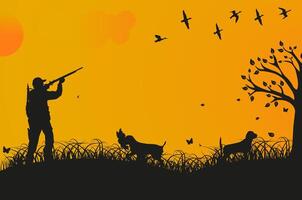 Against the background of the setting sun, a man with a dog hunts ducks. vector