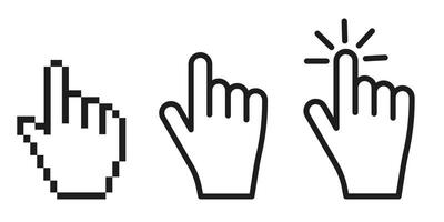 Collection of three computer arrows in the shape of a hand. Arrow tools, computer interface button. vector