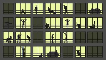 City window at night. Illustration of apartment buildings with windows. Different life situations, view from the window. vector