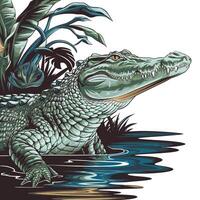 An alligator is sitting in the water with plants and trees vector