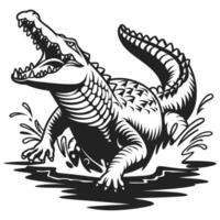 An alligator is jumping out of the water in a black and white drawing vector