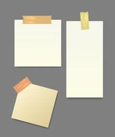 Set of note papers with adhesive tape on gray background. vector