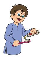 A laughing boy is pouring Colgate on the brush vector