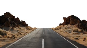 Empty road stretching through a desert landscape with rocky formations png
