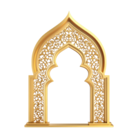 Arabic golden Islamic arch gate with intricate patterns isolated on transparent background png