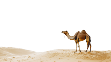 Camel standing walking on golden desert sands dunes isolated on transparent background png