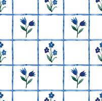 Seamless watercolor pattern with wild flowers on tiles. vector