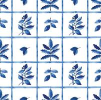 seamless watercolor pattern with leaves and herbs on tiles. vector