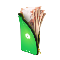 Online mobile money wallet concept. 3D rendering of Afghan Afgani notes inside smart phone isolated on transparent background. money coming out of purse png
