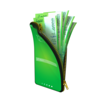 Online mobile money wallet concept. 3D rendering of Algeria dinar notes inside smart phone isolated on transparent background. money coming out of purse png